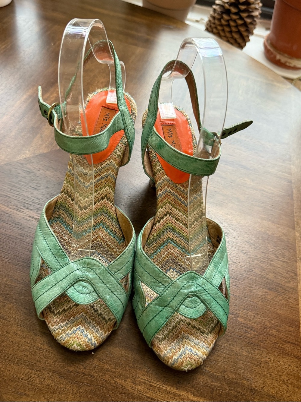 Miz Mooze Women’s Green Ankle-Strap Wedge Leather Sandals Cone Heel Size 9.5